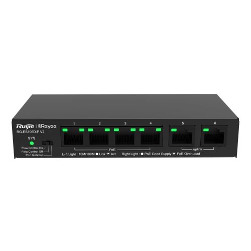Коммутаторы Ruijie с PoE - 4-портовый неуправляемый PoE коммутатор Ruijie Reyee RG-ES106D-P V2