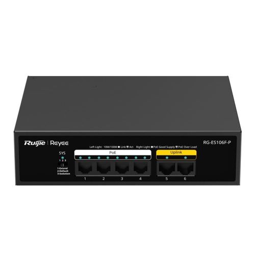 Коммутаторы Ruijie - 4-портовый неуправляемый PoE коммутатор Ruijie Reyee RG-ES106F-P