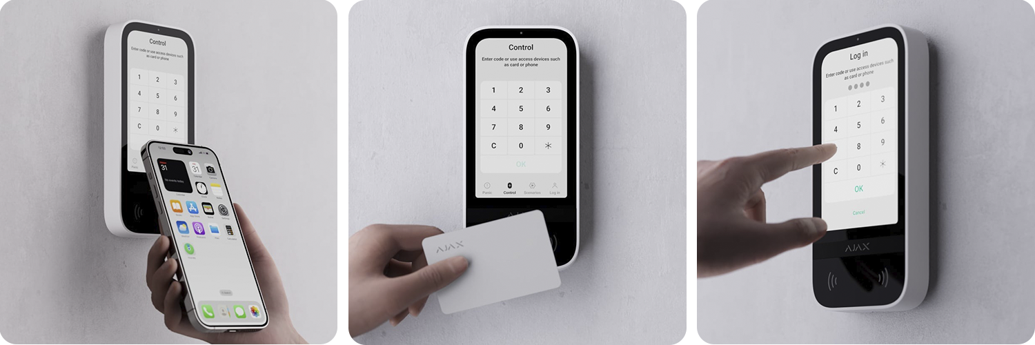 управление клавиатурой Ajax KeyPad TouchScreen брелоком Tag, карточкой Pass